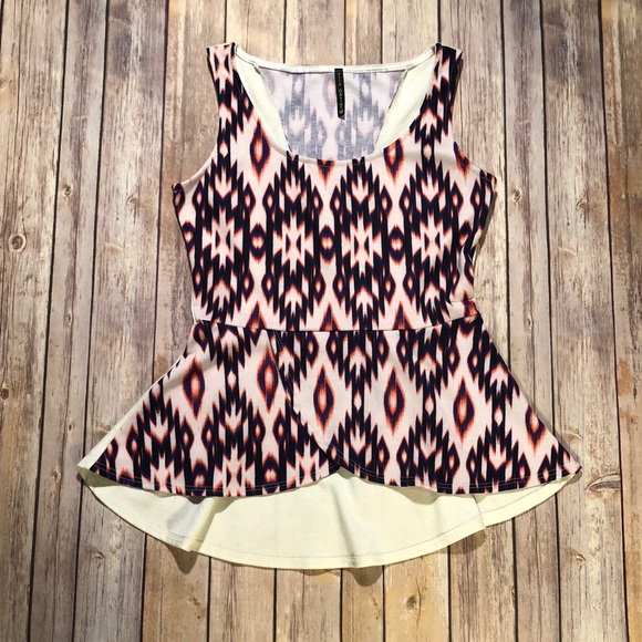 White Tribal Print Peplum Top - Picture 1 of 3